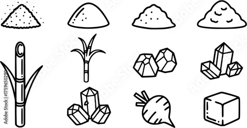 Sugar Type Icons. Solid, filled icon set of sugar types: granulated sugar, brown sugar, powdered sugar, cane sugar, raw sugar, rock sugar, beet sugar, sugar