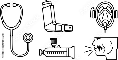 Respiratory Health Icons. Outline icon set of respiratory health: stethoscope, asthma inhaler, oxygen mask, spirometer, cough,
