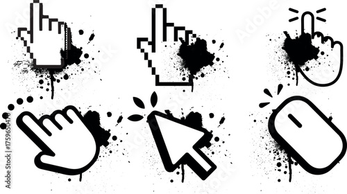 Pixel Cursor and Hand Icon Set with Grunge Splatter Effect – Digital Pixel Art Pointers with Distressed Texture for Interface Design