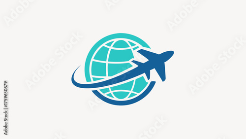 Modern blue and teal airplane flying around a stylized globe icon