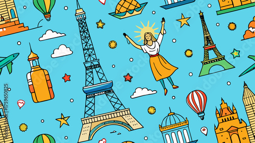 Whimsical parisian adventure with iconic landmarks and joyful traveler illustration