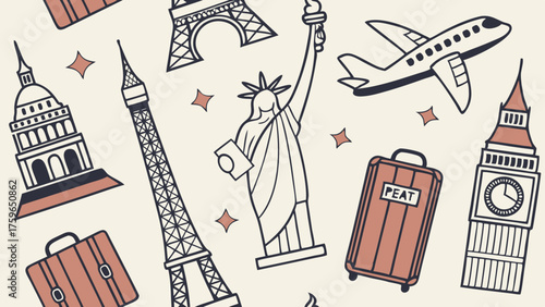 Whimsical doodle pattern of famous landmarks and travel icons