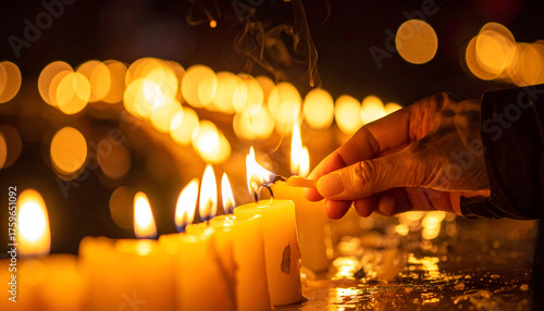 Hand lighting one candle with another in warm glowing light symbolizing hope, peace, and faith.