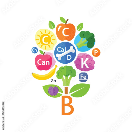 An artistic depiction of vitamins and nutrients from food sources.
