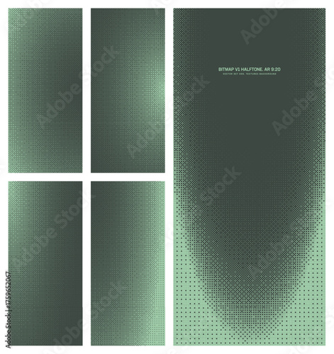 Assorted vector bitmap sage green halftone pattern set in vertical 9:20 aspect ratio including elliptical frame and various smooth textures. Varied 8bit retro futuristic textured design element bundle