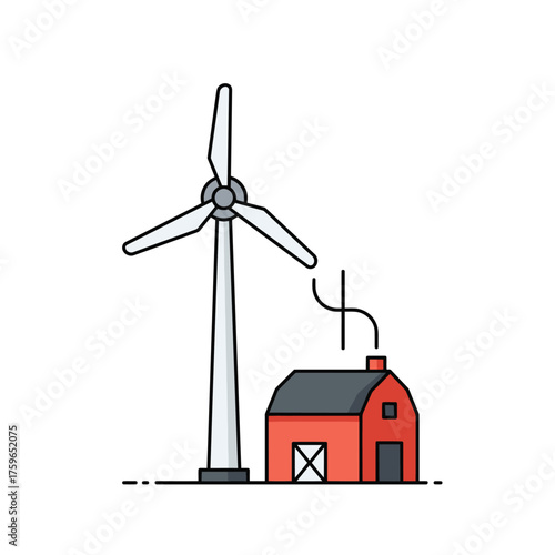 A stylized of a wind turbine next to a barn.