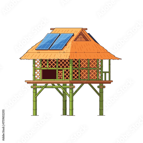 A cartoon stilt house made of bamboo with a thatched roof and solar panels.