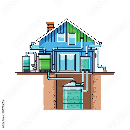 of a house with an integrated water collection and storage system.