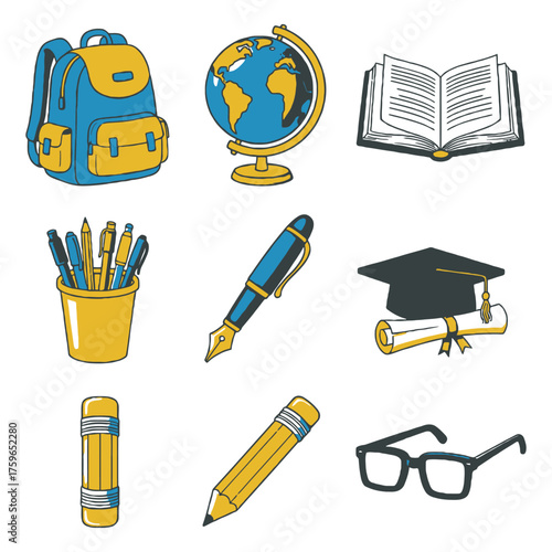Colorful school supplies collection backpack globe book pens graduation cap glasses pencils eraser