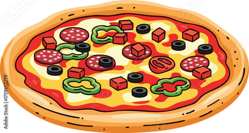 Delicious Pizza Creation: An enticing overhead view of a freshly baked pizza, adorned with colorful toppings, offers a tempting treat, perfect for any culinary delight.