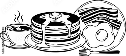 Breakfast set with hot coffee, pancake stack with butter and syrup, bacon strips, fried egg. Line art vector illustration