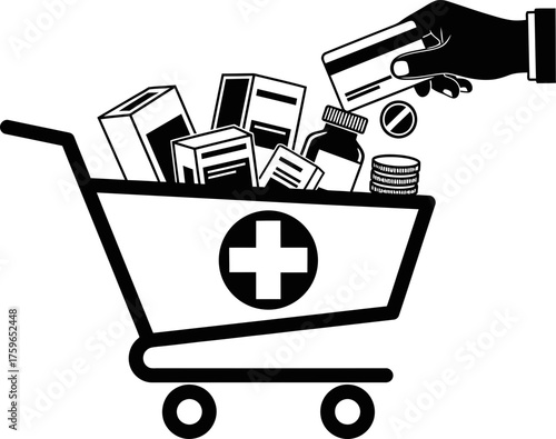 Hand putting credit card coins medicine shopping cart. Pharmacy medicine. Online medicine order delivery service. Healthcare. Vector illustration