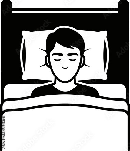 Man sleeping on bed with pillow covered by blanket. Relax and rest flat design concept. Simple silhouette vector icon for app, web.