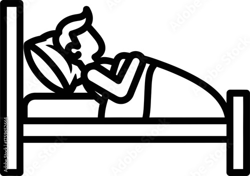 Man sleeping on bed icon. Person in bed with pillow and blanket. Rest, sleep, relaxation, bedtime concept. Vector icon illustration for app, website, symbol