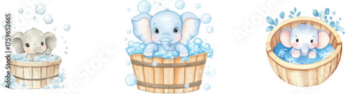 This watercolor illustration features a cute baby elephant as it takes a bath