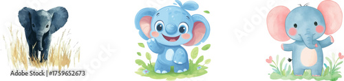 This watercolor illustration showcases a cute baby elephant and lush tropical leaves