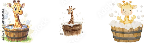 This watercolor illustration shows a cute baby giraffe taking its bath
