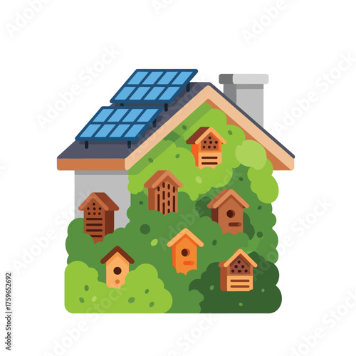 A house with solar panels and multiple insect hotels nestled in greenery.