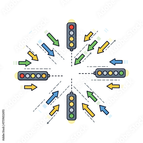 Traffic lights and directional arrows arranged in a radial pattern.