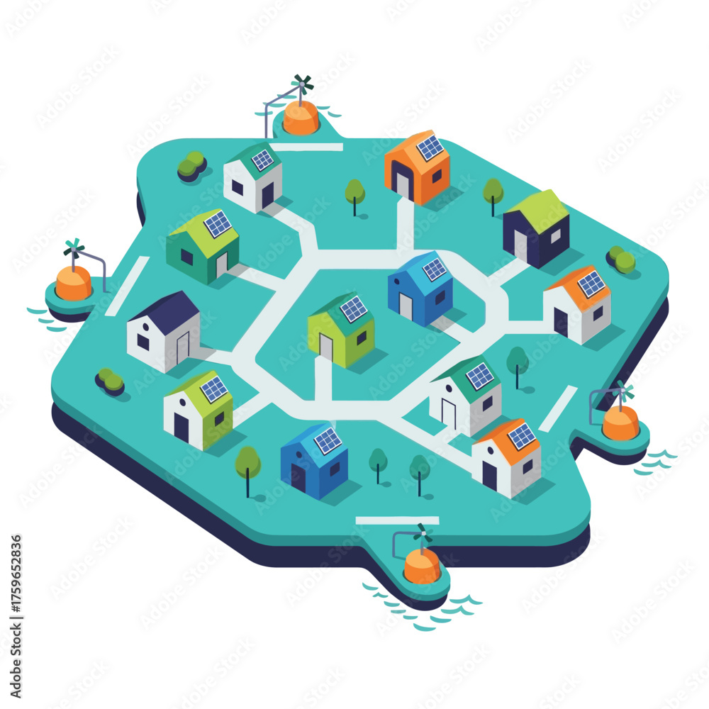 Naklejka premium Isometric view of houses with solar panels on a stylized island.
