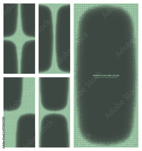 Assorted vector bitmap sage green halftone pattern set in vertical 9:20 aspect ratio including rounded frame and various unique textures. Miscellaneous 8bit retro style textured design elements bundle