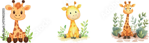 Watercolor Illustration Giraffe and Tropical Leaves' serves as the title of the illustration
