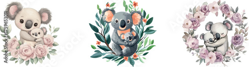 A cute mom and baby mouse are nestled in a lovely flower wreath in this watercolor illustration