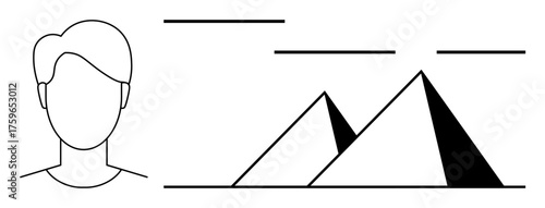 Outlined human head connected to abstract pyramids, emphasizing simplicity and clarity. Ideal for identity, exploration, creativity, journey, culture, minimalism and travel concepts. A simple flat