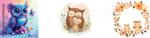 The watercolor illustration showcases a cute mom and baby owl nestled within a flower wreath