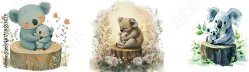 Cute mom and baby koala are sitting on a log with flowers and leaves in this watercolor illustration