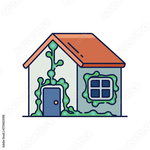 A house covered in glowing green slime, with a door and window.