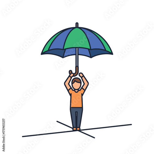 A person on a tightrope holding an umbrella.
