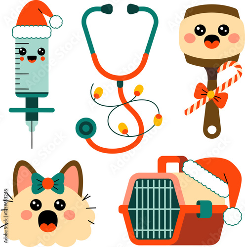Cute cartoon veterinarian animal tools with Christmas theme – smiling syringe, stethoscope, grooming brush, muzzle, pet nail clipper, and pet carrier with festive decorations
