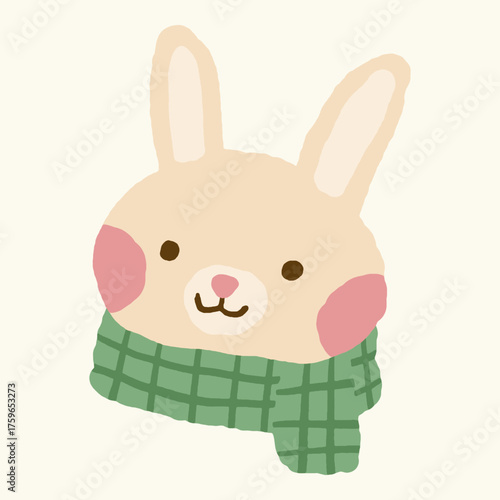 Cute hand-drawn bunny wearing green winter scarf illustration