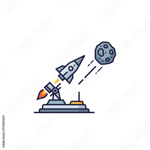 A rocket launches tods an asteroid in a stylized .