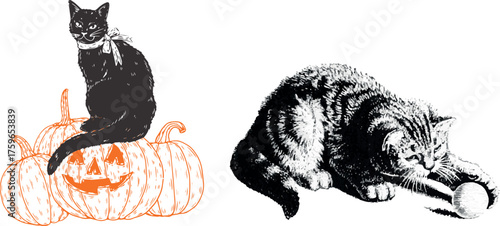 Creepy Halloween Cats Vector Collage – Vintage Stipple Photocopy Effect, Psychedelic Grunge Design for Poster and Print