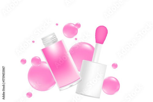 Cosmetic lip gloss or oil mockup isolated, transparent background, moisturizing pink glaze liquid lipstick 3d plastic tube vector packaging, open bottle, white cap, brush cup. Beauty treatment.