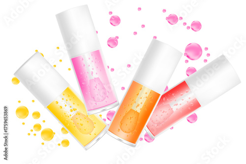 Cosmetic lip gloss or oil mockup isolated, transparent background, moisturizing pink glaze liquid lipstick 3d plastic tube vector packaging, open bottle, white cap, brush cup. Beauty treatment.