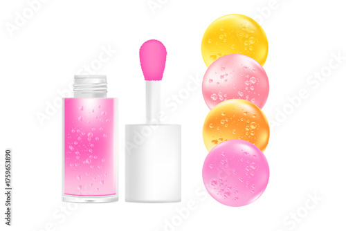 Cosmetic lip gloss or oil mockup isolated, transparent background, moisturizing pink glaze liquid lipstick 3d plastic tube vector packaging, open bottle, white cap, brush cup. Beauty treatment.