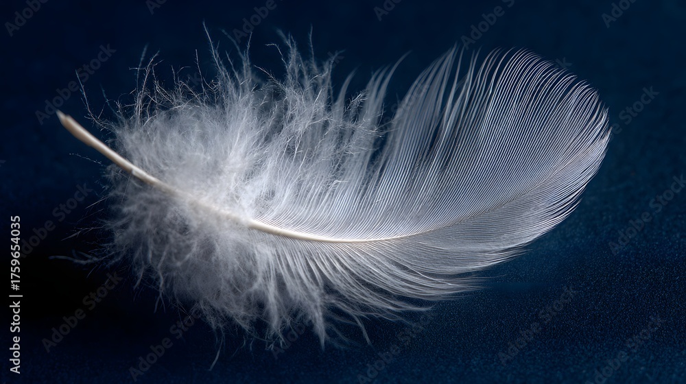 Naklejka premium Delicate white feather floats gracefully on a dark blue background.