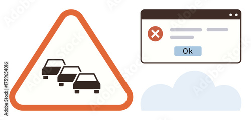 Traffic jam warning sign with orange border, error popup in a web browser window, light cloud graphic. Ideal for road safety, caution, digital error, troubleshooting, alert, urban issues simple flat