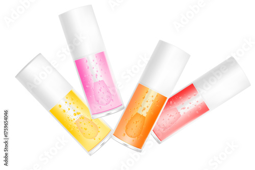 Cosmetic lip gloss or oil mockup isolated, transparent background, moisturizing pink glaze liquid lipstick 3d plastic tube vector packaging, open bottle, white cap, brush cup. Beauty treatment.