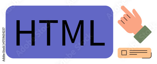 HTML text inside a blue rectangle, pointing hand gesture, coding snippet. Ideal for programming, coding, web design, development, learning, UIUX testing simple flat metaphor