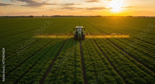 Tractor Spraying Crops in Agricultural Field at Sunset