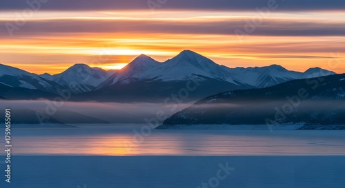 Snowy mountain range at sunset with fog over lake in alaska, united states
