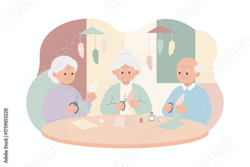 Joyful seniors crafting paper feathers for decorations enjoying a creative hobby together