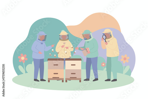 Beekeepers inspecting beehives with flying bees in a natural outdoor setting a hobby and lifestyle