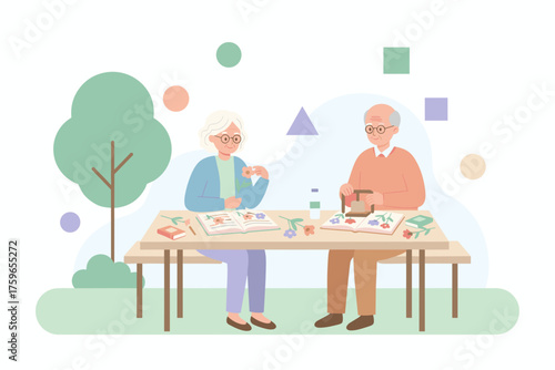 Elderly couple enjoying flower pressing outdoors a relaxing hobby for seniors