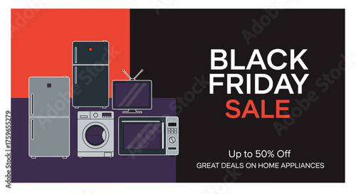 Black Friday Sale banner offering 50 off deals on home appliances like fridges TV and washer