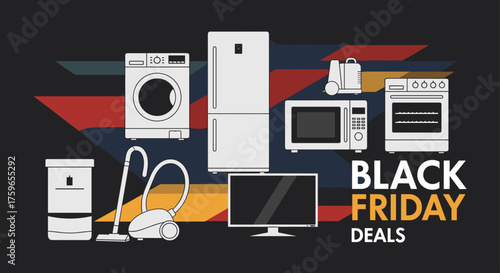 Black Friday sale banner featuring white line art illustration of home appliances